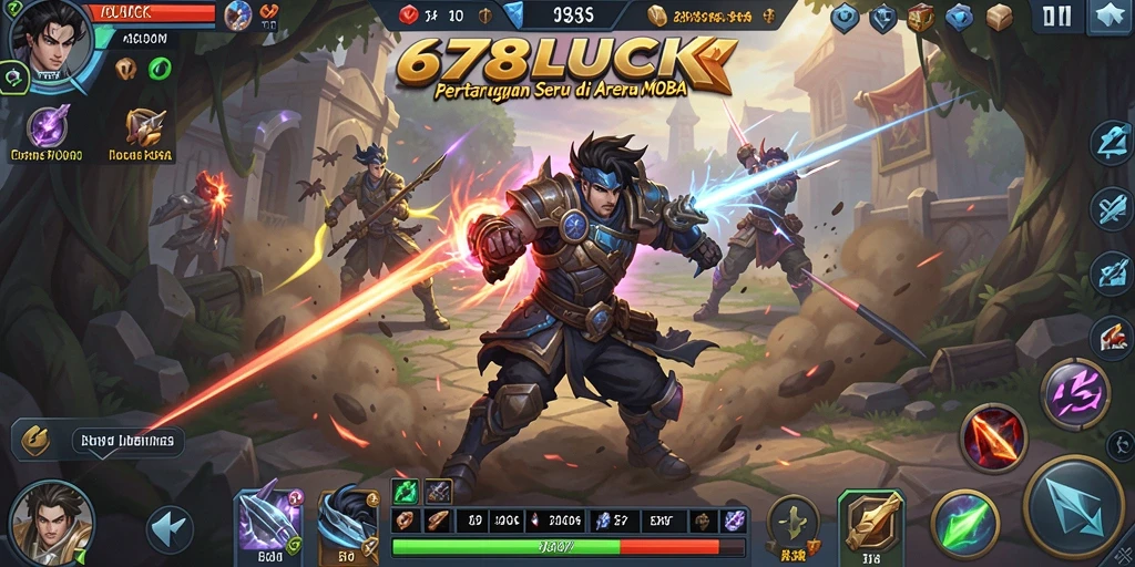 Screenshot gameplay 678LUCK menunjukkan pertarungan seru di arena MOBA.