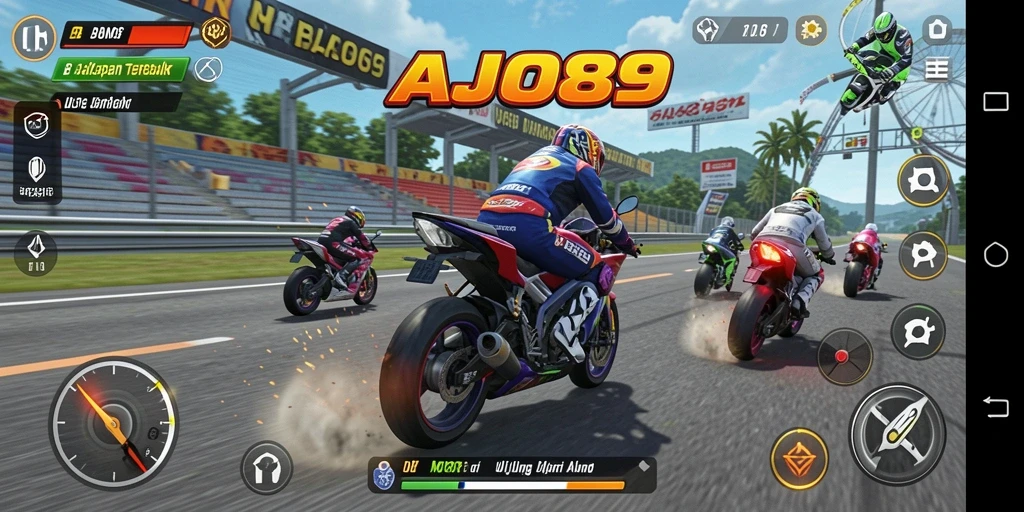 Screenshot AJO89 menunjukkan aksi balapan motor yang mendebarkan.
