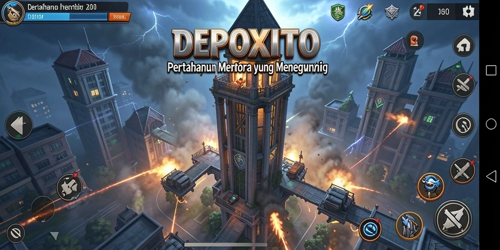 Tampilan gameplay DEPOXITO dengan pertahanan menara yang menantang.