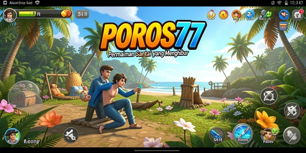 Screenshot gameplay POROS77 dengan grafis warna-warni dan level menarik.